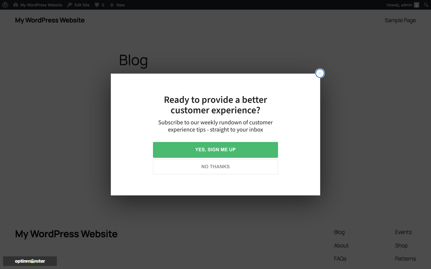 OptinMonster WordPress popup campaign live on our test site, using an unedited template with the default styling