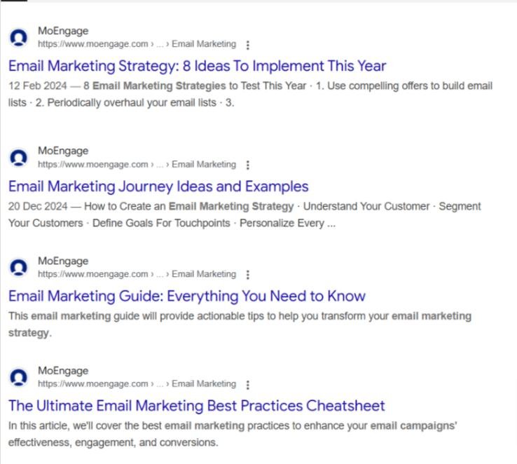 Screenshot showing a website with multiple pages targeting the same search intent
