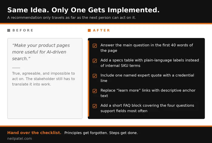 Comparison showing a vague content recommendation rewritten as a specific checklist. 